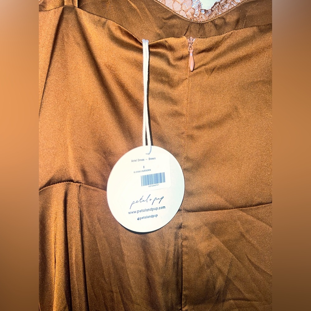Petal & Pup Elegant Brown Satin Midi Dress - Picture 4 of 5
